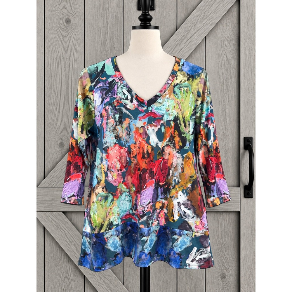 Soft Surroundings Tunic Top XL Multicolor Abstract Paint Print 3/4 Sleeve V-Neck